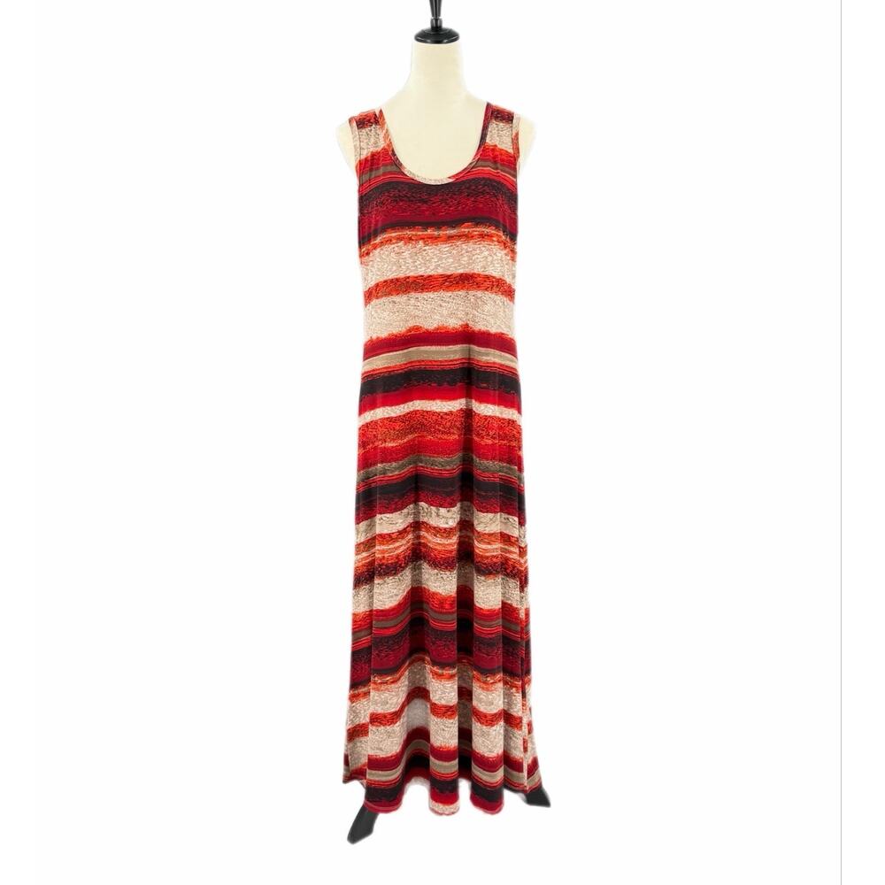 Calvin Klein Red Cream Striped Stretch Casual Boho Comfort Fall Basic Maxi Dress